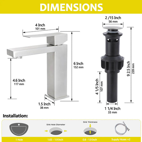 Dimensions of brushed nickel bathroom faucet with cross handles, antique vintage style, 4 inch centerset sink faucet for 2 or 3 hole vanities