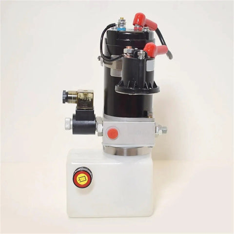 Compact 12V Or 24V Hydraulic Power Unit With.75L Reservoir For Electric Pallet Trucks, featuring a black motor and white reservoir.