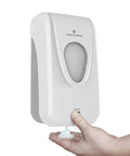 No Sweat Wall Mounted Manual Soap And Hand Sanitizer Dispenser 1000 Ml White Bulk Case Of Thirty dispensing sanitizer into a hand.