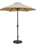 9Ft Outdoor Patio Umbrella With Heavy Duty Base Included Push Button Tilt And Crank UV Protected Waterproof Canopy Ideal For Backyard Hangouts And Patio Dining Weddings And Outdoor Parties In Tan, shown standing upright on heavy base.