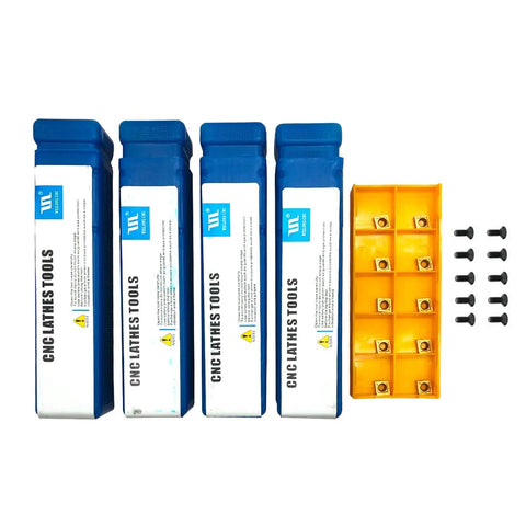 Badass Mini Metal Lathe Boring Bar Set With Versatile Shank Tool Holders And CCMT Carbide Turning Inserts, four blue holders and yellow insert box.