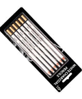 Pack of six white charcoal pencils for artists and students, designed for drawing, shading, and blending, visible in packaging.