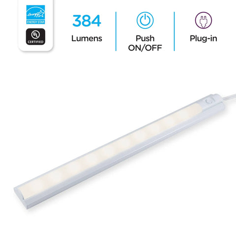 16 Inch LED Under Cabinet Light Plug In Soft White 3000K 384 Lumens with Plastic Housing and Easy On Off Switch for Kitchen and Office
