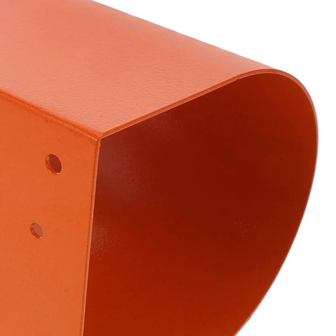 Close-up view of heavy duty stainless steel foot switch guard, orange, built tough with waterproof pedal cover for factory floors.