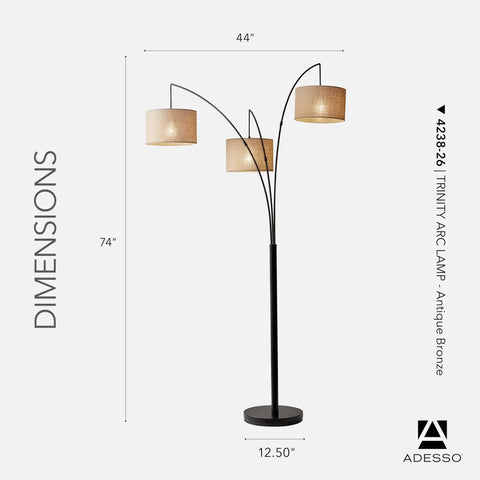 Arc Floor Lamp with Three Movable Beige Burlap Shades and Dimmable Brightness, Antique Bronze Finish, showing dimensions.