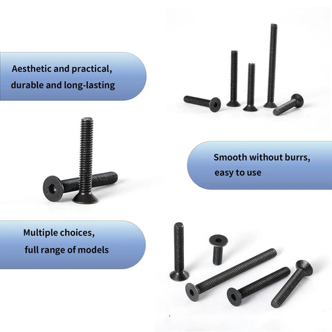 M4 Flat Head Hex Socket Cap Screws 10mm Long, 0.7mm Pitch, 6mm Head, 2.5mm Hex, Black Oxide Finish, displayed in various angles.
