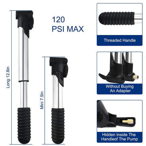 120 PSI max mini pump from 2L Waterproof Reflective Bike Frame Storage Bag With 16 In 1 Multitool, Tire Patch Kit, Mini Pump And Tire Levers
