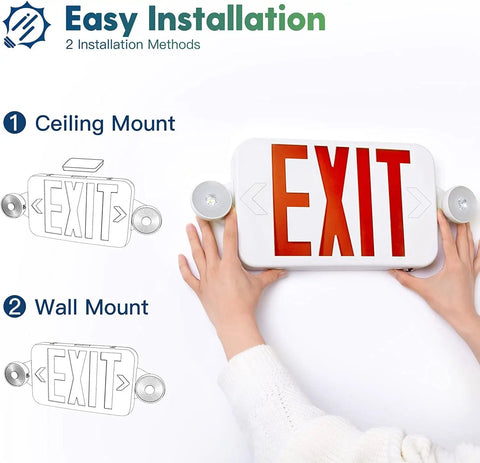 Hands installing Dual Sided LED Exit Sign With Adjustable Emergency Lights Six Pack Hardwired 120 277V Backup Battery Included UL 924