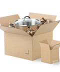 10x8x6 Brown Kraft Corrugated Shipping Boxes 100 Pack Bulk For Mailing, Packing, Moving And Storage, Durable, Eco Friendly, Recyclable, Made In USA showing a large open box with a cooking pot inside and packing paper.
