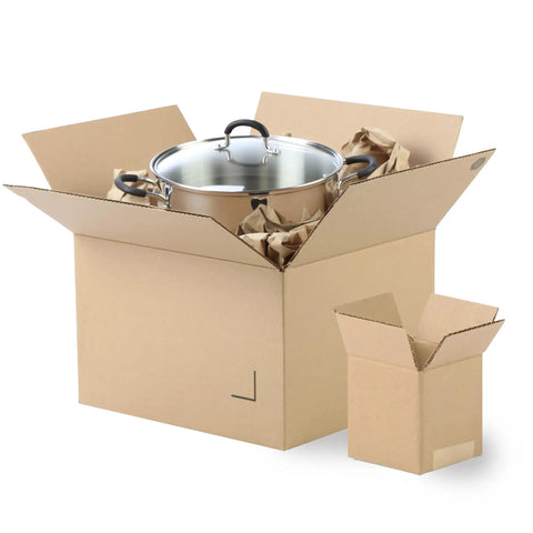 10x8x6 Brown Kraft Corrugated Shipping Boxes 100 Pack Bulk For Mailing, Packing, Moving And Storage, Durable, Eco Friendly, Recyclable, Made In USA showing a large open box with a cooking pot inside and packing paper.