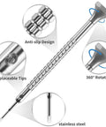 Close-up of watch screwdriver with anti-slip design, stainless steel, and replaceable tips from 10 Pcs Precision Slotted And Phillips Watch Screwdriver Set With 20 Extra Replacement Blades Handy DIY Watch Repair Tools For Watchmaking Jewelry Eyeglass Repairs Includes Flat Sizes 0.6 0.8 1.0 1.2 1.4 1.6 1.8 2.0 mm And Phillips 1.4 1.6 Mm.