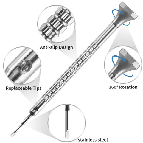 Close-up of watch screwdriver with anti-slip design, stainless steel, and replaceable tips from 10 Pcs Precision Slotted And Phillips Watch Screwdriver Set With 20 Extra Replacement Blades Handy DIY Watch Repair Tools For Watchmaking Jewelry Eyeglass Repairs Includes Flat Sizes 0.6 0.8 1.0 1.2 1.4 1.6 1.8 2.0 mm And Phillips 1.4 1.6 Mm.