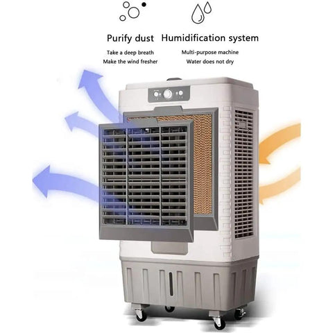 Heavy Duty Portable Evaporative Air Cooler, Badass 120 Degree Oscillating Swamp Cooling Fan showing dust filter and airflow.