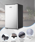 Solid 3.2 Cu Ft Upright Mini Freezer With No Stress Adjustable Thermostat And Removable Shelves For Dorm Office Kitchen Or Bedroom Smooth Chill Stash Setup In Fresh Silver, showing reversible door and adjustable foot.