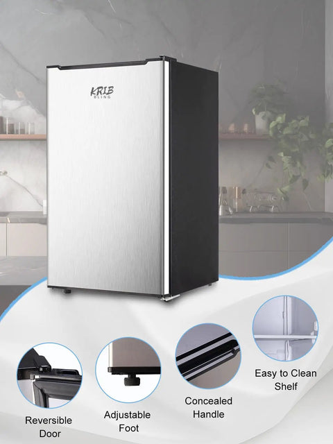 Solid 3.2 Cu Ft Upright Mini Freezer With No Stress Adjustable Thermostat And Removable Shelves For Dorm Office Kitchen Or Bedroom Smooth Chill Stash Setup In Fresh Silver, showing reversible door and adjustable foot.