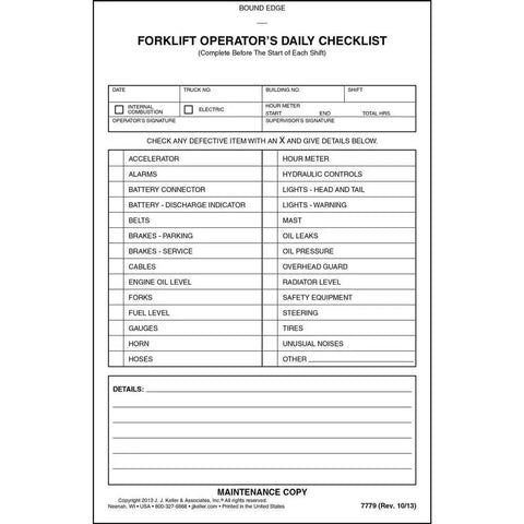 Forklift Operator Daily Checklist Carbonless Shift Ready Roll Call No Fuss Inspection Log For Electric And Gas Powered Shop Floor Machinery Heavy Duty Safety Watch 10 Pack, front view with detailed inspection points.