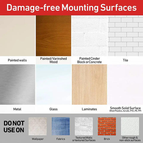 Damage-Free Picture Hanging Strips White Grip Up To 12 Lbs For Indoor Use Includes 4 Pairs 8 Strips For Frames Up To 18 By 24 Inches No Nails No Mess Decor Solution surface compatibility chart displaying suitable mounting surfaces.