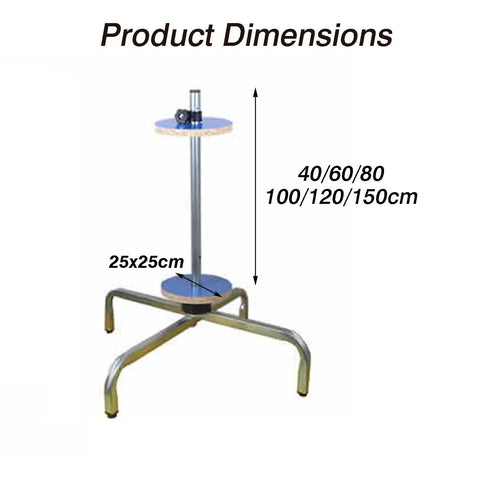Heavy Duty Vertical Bubble Wrap Roll Holder Aluminum Shipping Dispenser dimensions chart showing 25x25cm base and height options 40/60/80 to 100/120/150cm.