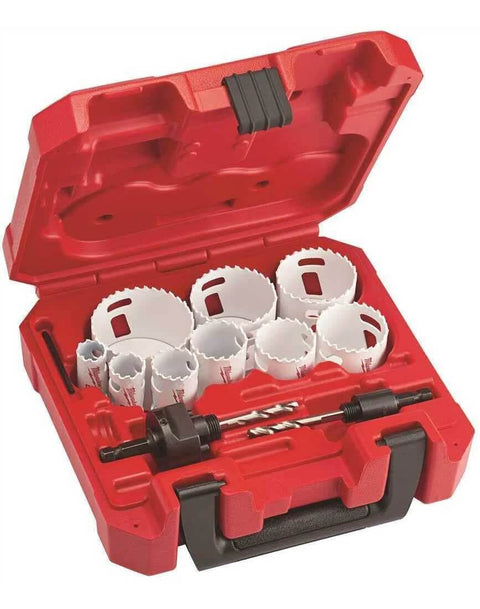 Milwaukee 13-piece general purpose hole saw kit in red plastic case with assorted hole saws and drill arbors