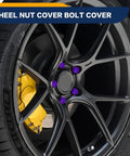 20 Pack Lug Nut Covers 19mm Hex With Removal Tool, Glossy Purple finish on car wheel, shields bolts from dust and scratches.