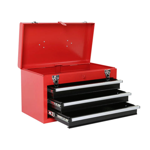 Hella Durable Three Drawer Rolling Tool Chest With Removable Top Box And Adjustable Cabinet Shelf Featuring Heavy Duty Door Hooks For Weekend Projects In Bold Red, opened with drawers extended.