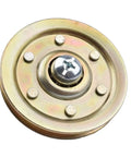Close-up of a pulley from the Heavy Duty Garage Door Pulley Kit With Three Inch Pulleys 3 By 8 Bore 200 Lb Load Rating Includes Two Stationary Pulleys And Two Rear Wheel Pulleys With Clevis Fork Plus Two Bolts And Serrated Flange Nuts.