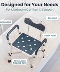 Heavy Duty Shower Chair For Elderly And Disabled With Padded Armrests And Back Adjustable Height Bath Seat Built Tough Non Skid Base Solid Grip Zero Worries Everyday Bathroom Safety Blue showing grip handles and removable padded seat.