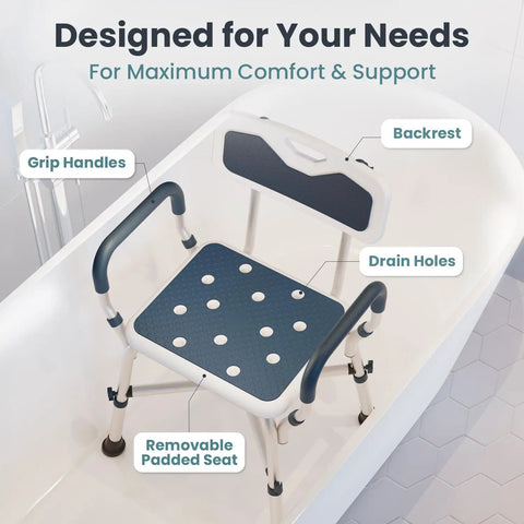 Heavy Duty Shower Chair For Elderly And Disabled With Padded Armrests And Back Adjustable Height Bath Seat Built Tough Non Skid Base Solid Grip Zero Worries Everyday Bathroom Safety Blue showing grip handles and removable padded seat.