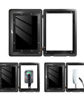 Tough Outdoor EV Charger Enclosure Box For Tesla Wall Connector Indoor Outdoor Cover With IP65 Waterproof Seal, open and closed views.