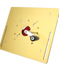 Top Shelf Router Insert Plate And Mounting Base Kit With Heavy Duty Rings And Stainless Steel Screws For Smooth Woodworking Jobs And No Sweat Diy Router Table Build In Slick Gold Finish, showing a gold insert plate with adjustment lever.