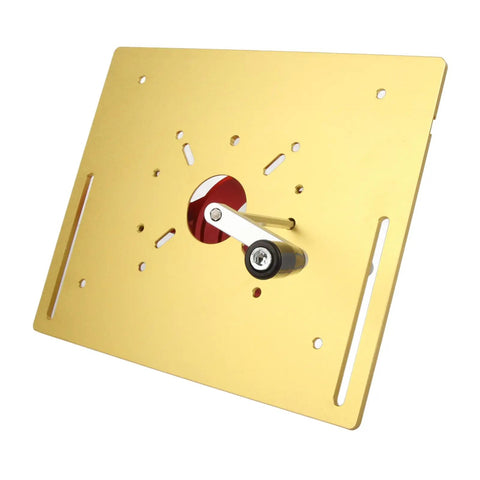 Top Shelf Router Insert Plate And Mounting Base Kit With Heavy Duty Rings And Stainless Steel Screws For Smooth Woodworking Jobs And No Sweat Diy Router Table Build In Slick Gold Finish, showing a gold insert plate with adjustment lever.