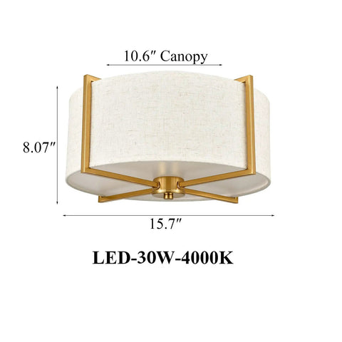 Modern Gold Flush Mount Ceiling Light With Brass Finish And Beige Drum Shade Dimmable Built In LED 15.7 Inch Wide By 8.1 Inch High Bedroom Fixture Ceiling Mount With 10.6 Inch Canopy.