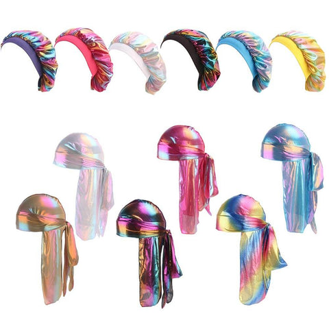 Colorful Silky Durag And Bonnet Set For Men And Women, 360 Wave Long Tail Do Rag And Turban Sleep Cap, Breathable Velvet Silk.