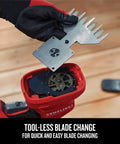 V20 4 Inch Cordless Handheld Grass Trimmer blade change demonstration with red housing and gloves.