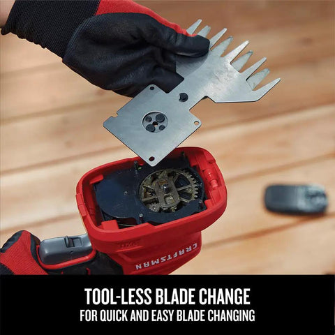 V20 4 Inch Cordless Handheld Grass Trimmer blade change demonstration with red housing and gloves.