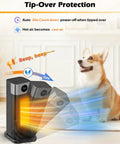 Portable 1500W Indoor Space Heater With Remote showing tip-over protection feature in home setting with dog