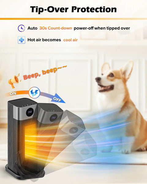 Portable 1500W Indoor Space Heater With Remote showing tip-over protection feature in home setting with dog