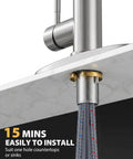 Solid Choice High Arc Kitchen Faucet With Long Reach Pull Down Sprayer And 360 Swivel Spout Single Handle Stainless Steel Mount installation details with hose and fittings.