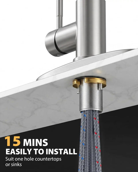 Solid Choice High Arc Kitchen Faucet With Long Reach Pull Down Sprayer And 360 Swivel Spout Single Handle Stainless Steel Mount installation details with hose and fittings.