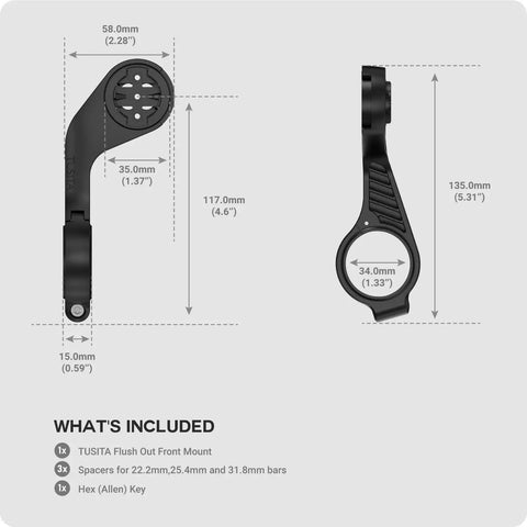 Diagram of Flush Front Mount For Garmin Edge GPS Bike Computer with dimensions for 22.2mm 25.4mm and 31.8mm handlebars.