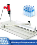 Heavy Duty Shrink Wrap Machine With Adjustable Speed And Built-In Heat Gun For Secure Packaging Sealing And Cutting with water bottles.