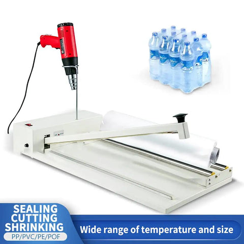 Heavy Duty Shrink Wrap Machine With Adjustable Speed And Built-In Heat Gun For Secure Packaging Sealing And Cutting with water bottles.