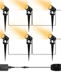 Outdoor Uplight Landscape Spotlight Kit With Transformer, 6 Pack Low Voltage Garden Lights With Stakes, Metal Construction, 131.2 Ft Cable, IP65 Waterproof Warm White, DIY Friendly Setup For Home Yard Or Flags image showing six connected lights and transformer.