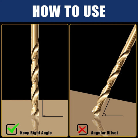 Instructions on correct and incorrect angles for using 115 Piece Jobber Drill Bit Set Built With M35 High Speed Steel And 5 Percent Cobalt.