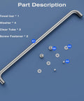 Knockout Finish Single Sided Shower Door Handle In Brushed Nickel Dead Easy Swap Fits 24 Inch Glass Doors With Tool Free Mounting And Top Shelf Bathroom Hardware parts, including towel bar and fasteners.
