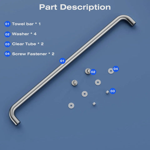 Knockout Finish Single Sided Shower Door Handle In Brushed Nickel Dead Easy Swap Fits 24 Inch Glass Doors With Tool Free Mounting And Top Shelf Bathroom Hardware parts, including towel bar and fasteners.