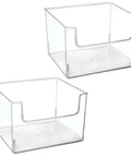 Two open front bathroom storage bins for vanity cabinets and closets, clear plastic cubby organizer baskets, large capacity, empty view.
