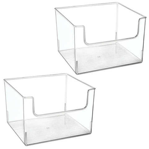 Two open front bathroom storage bins for vanity cabinets and closets, clear plastic cubby organizer baskets, large capacity, empty view.