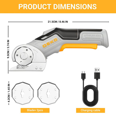 DEKOPRO 4v Cordless Electric Scissors With Safety Lock Cardboard Cutter For Leather Plastic Canvas And Carpet Type C Rechargeable Blade Set Gray dimensions with blades and charging cable