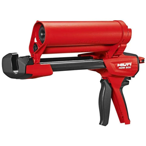 Red Manual Anchor Adhesive Dispenser With HIT-CR 500 And HIT-CB, pro-grade tool for construction mounting and wall anchoring.